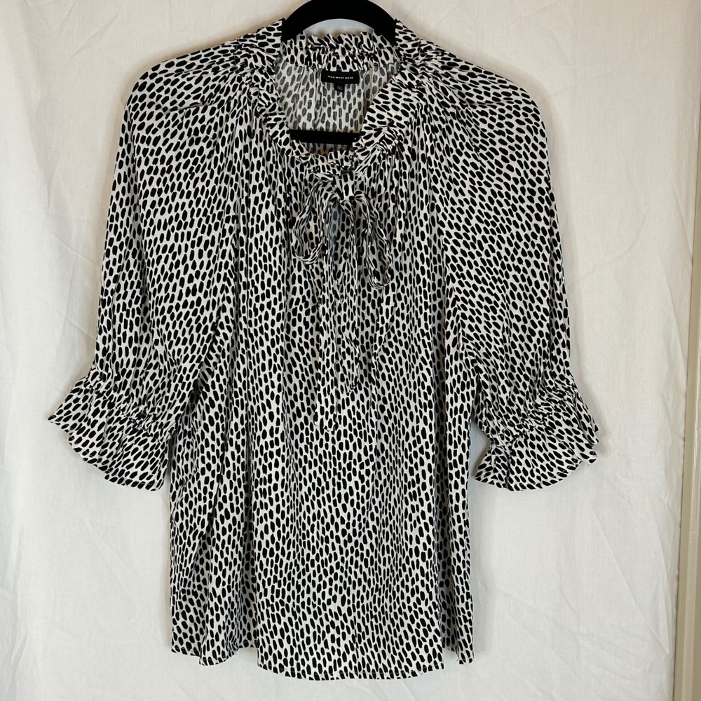 Who What Wear Black & White Dot Print Ruffle Sleeve Tie Neck Blouse‎